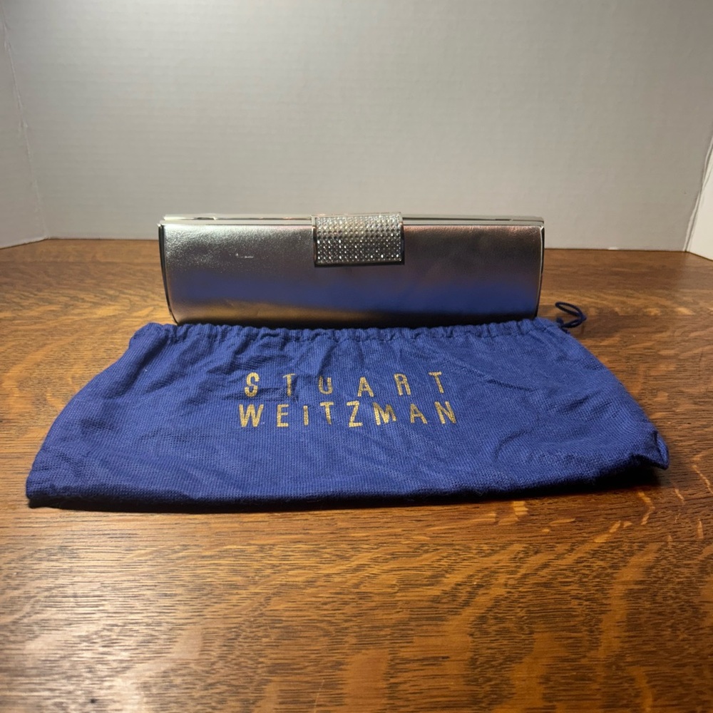 Stuart Weitzman Silver Clutch With Rhinestone Clasp and Optional Strap
